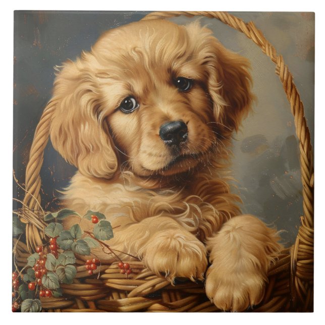 Golden Retriever Puppy i Basket Kakelplatta (Framsidan)