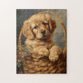Golden Retriever Puppy i Basket Pussel