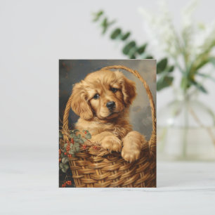 Golden Retriever Puppy i Basket Vykort