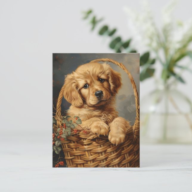 Golden Retriever Puppy i Basket Vykort (Stående Fram)