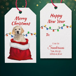 Golden Retriever Puppy i Santa Bag Presentetikett