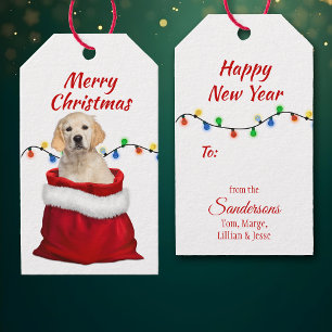 Golden Retriever Puppy i Santa Bag Presentetikett