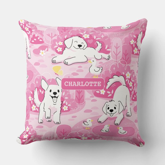Golden Retriever Puppy in Pink Garden Kudde (Framsida)