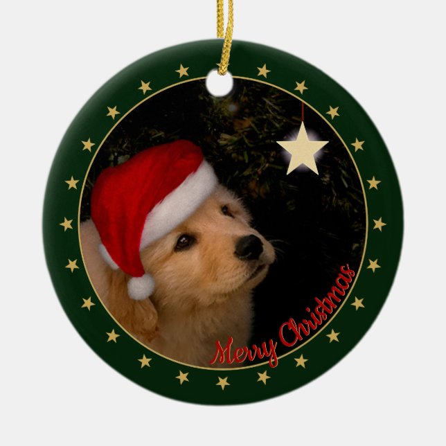 Golden Retriever Puppy med Santa Hat Julgransprydnad Keramik (Framsidan)
