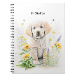 Golden Retriever Puppy och Blommigtar Monogram Nam Anteckningsbok