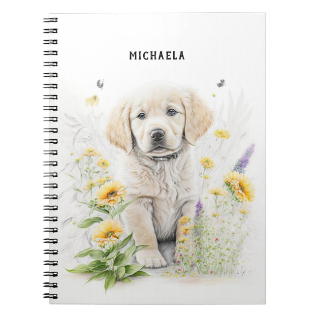 Golden Retriever Puppy och Blommigtar Monogram Nam Anteckningsbok (Framsidan)