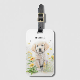 Golden Retriever Puppy och Blommigtar Monogram Nam Bagagebricka