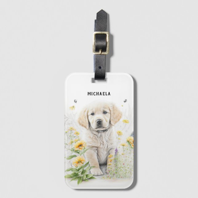 Golden Retriever Puppy och Blommigtar Monogram Nam Bagagebricka (Framsida vertikal)
