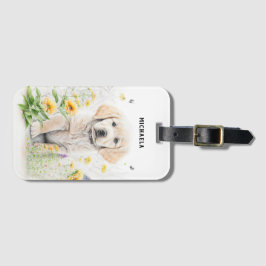 Golden Retriever Puppy och Blommigtar Monogram Nam Bagagebricka