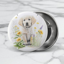Golden Retriever Puppy och Blommigtar Monogram Nam Knapp