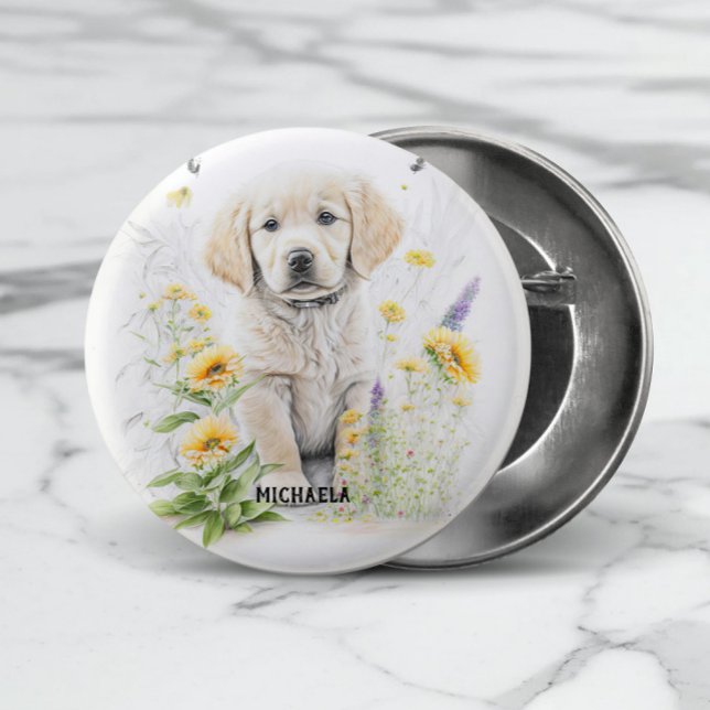 Golden Retriever Puppy och Blommigtar Monogram Nam Knapp (Add the required name to personalize or remove if not required.)
