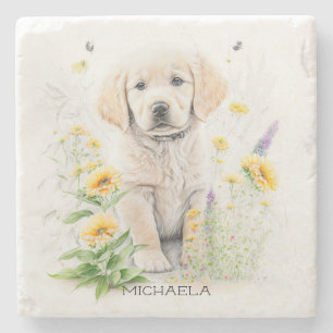 Golden Retriever Puppy och Blommigtar Monogram Nam Stenunderlägg