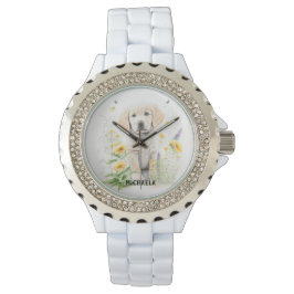 Golden Retriever Puppy och blommigts monogram namn Armbandsur