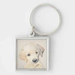 Golden Retriever Puppy Painting - Original Hund Ar Fyrkantig Silverfärgad Nyckelring