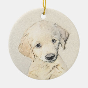 Golden Retriever Puppy Painting - Original Hund Ar Julgransprydnad Keramik