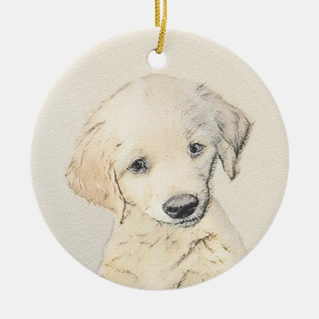 Golden Retriever Puppy Painting - Original Hund Ar Julgransprydnad Keramik (Framsidan)