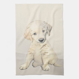 Golden Retriever Puppy Painting - Original Hund Ar Kökshandduk