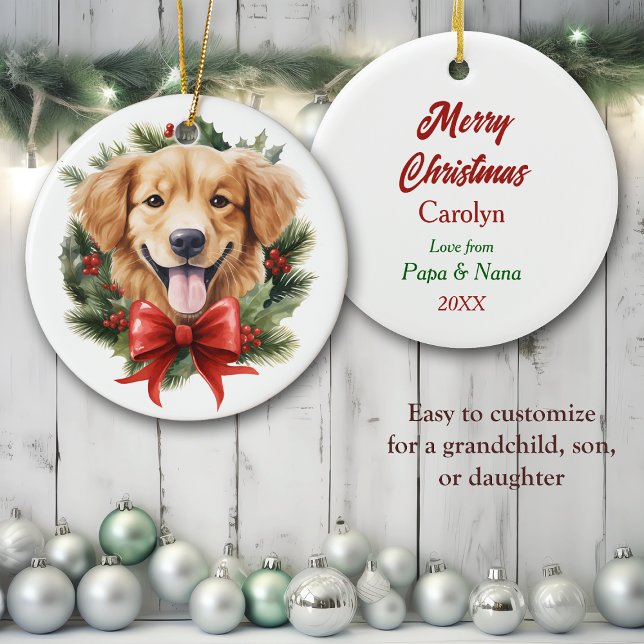 Golden Retriever Puppy Red Bow-andejul Julgransprydnad Keramik (Skapare uppladdad)