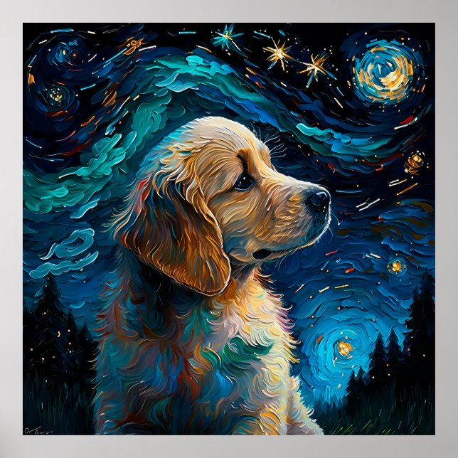 Golden Retriever Puppy Starry Night Van Gogh Stil Poster (Framsidan)