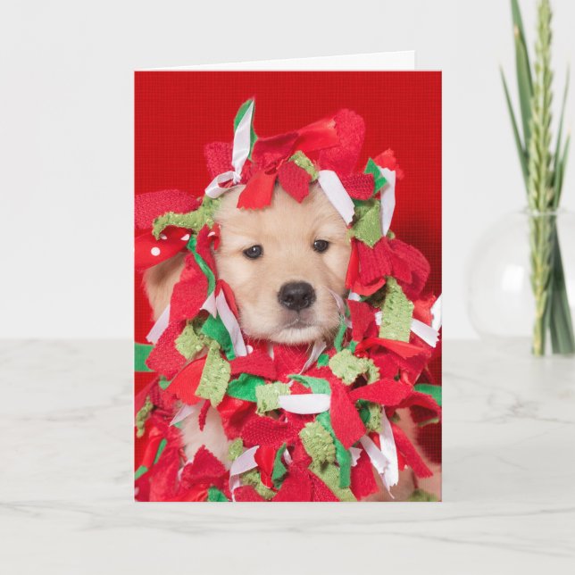 Golden Retriever Puppy Tangled in Garland Card Kort (Framsida)