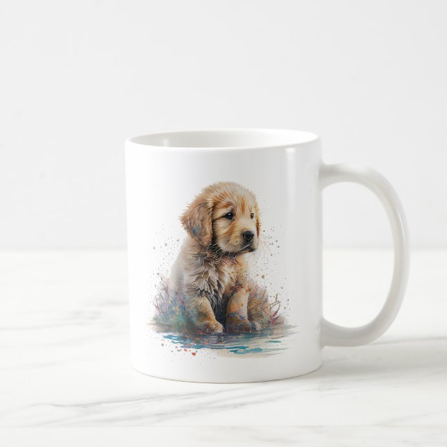 Golden Retriever Puppy Watercolor AI Art Kaffemugg (Höger)