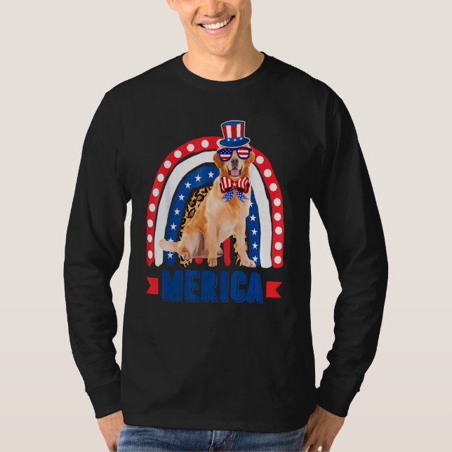 Golden Retriever Rainbow Leopard Merica Flagga 4th T Shirt (Framsida)