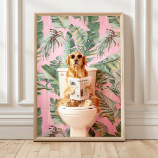Golden Retriever Reading on Toilet Bathroom Print, Poster