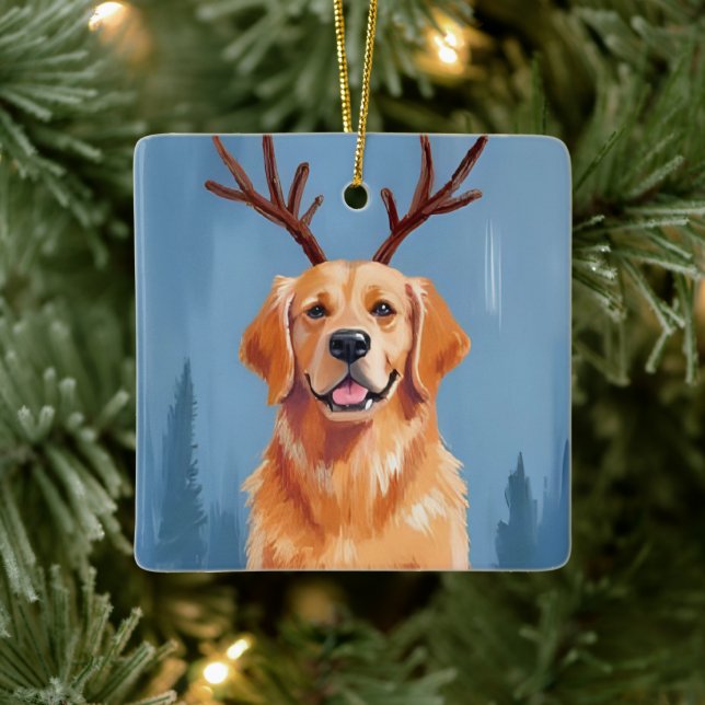 Golden Retriever Reindeer Antlers | Christmas Julgransprydnad Keramik (Träd)