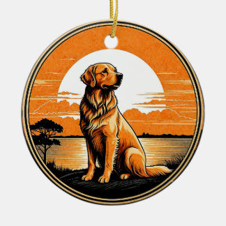 Golden Retriever Retro Solnedgång Hundälskare Julgransprydnad Keramik