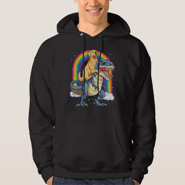 Golden Retriever Riding Dinosaur Rex Boys Rainbow Hoodie (Framsida)