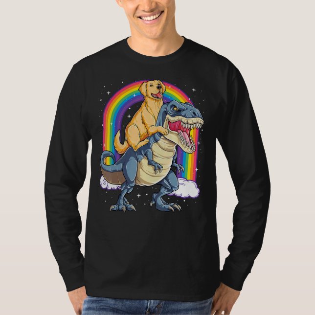 Golden Retriever Riding Dinosaur Rex Boys Rainbow T Shirt (Framsida)