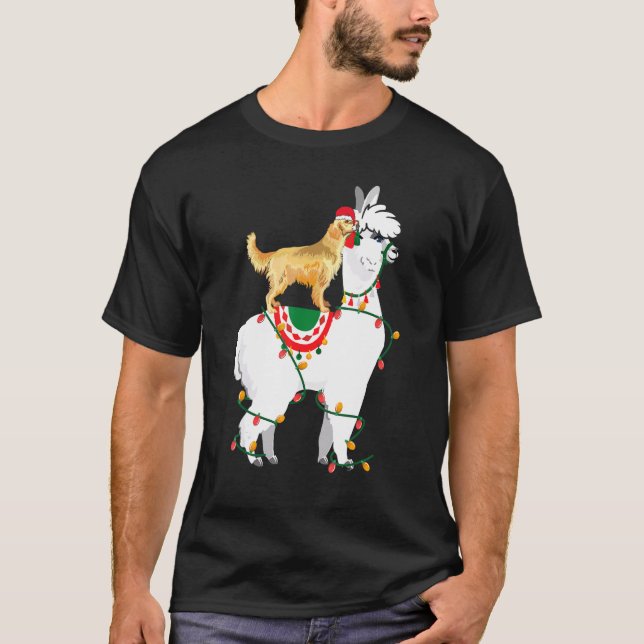 Golden Retriever Riding Llama Ljus Santa Kristus T Shirt (Framsida)