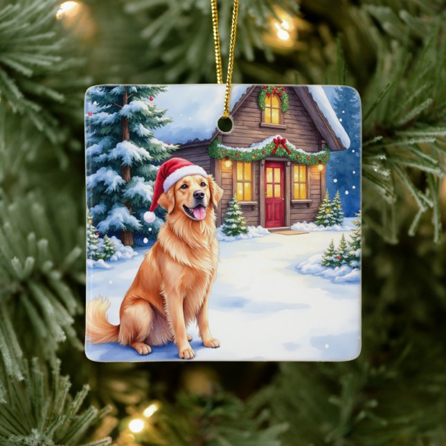 Golden Retriever Rustic Cabin Santa Hat Christmas Julgransprydnad Keramik (Träd)