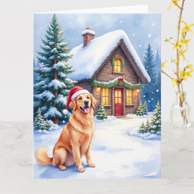 Golden Retriever Rustic Cabin Santa Hat Christmas Kort (Gul blomma)