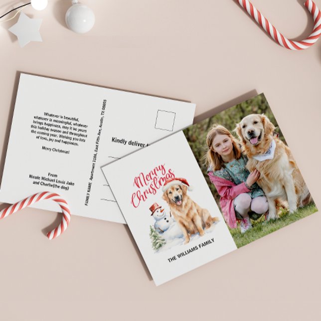 GOLDEN RETRIEVER SANTA HAT CHRISTMAS SINGLE PHOTO HELG VYKORT (MERRY CHRISTMAS GOLDEN RETRIEVER POSTCARD SINGLE PHOTO CUSTOM RETURN ADDRESS AND MESSAGE)