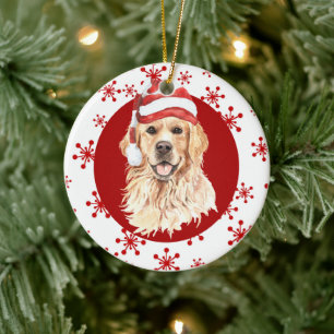 Golden Retriever Santa Hat Red Snowflake Julgransprydnad Keramik