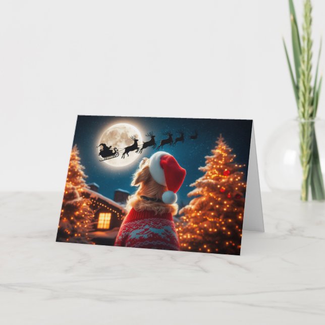 Golden Retriever Sees Santa Fly-julkort Helgkort (Framsida)