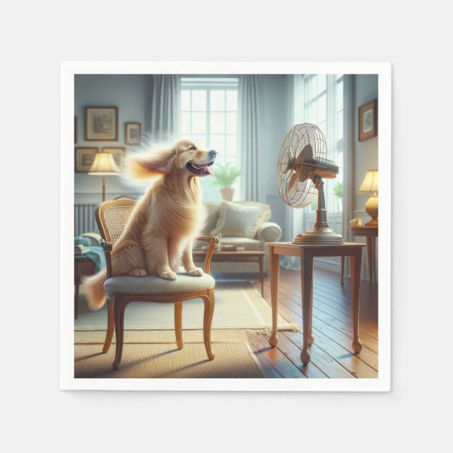 Golden Retriever sittande framför fläkt Pappersservett (Framsidan)