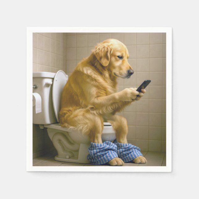 Golden Retriever Sitting On the Toilet Texting Pappersservett (Framsidan)