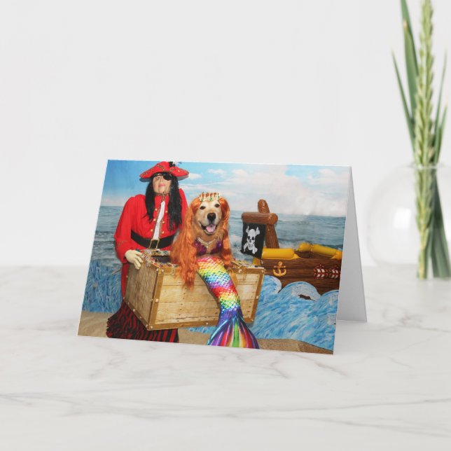 Golden Retriever Sjöjungfru och Pirat födelsedag Kort (Framsida)