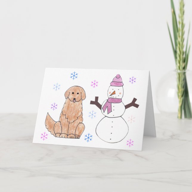 Golden Retriever & Snögubbe Helgkort (Framsida)