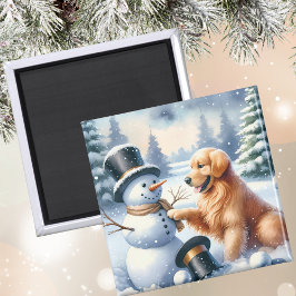 Golden Retriever Snögubbe-julgranen Magnet