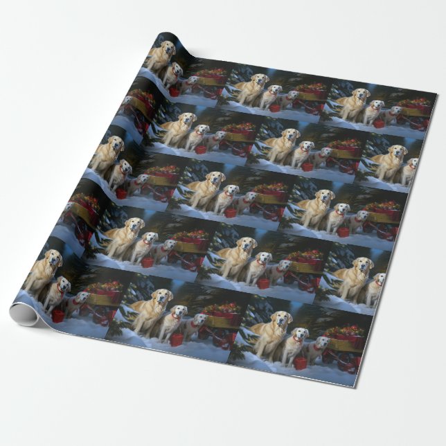 Golden Retriever Snöig släde juldekoration  Presentpapper (Utrullad)