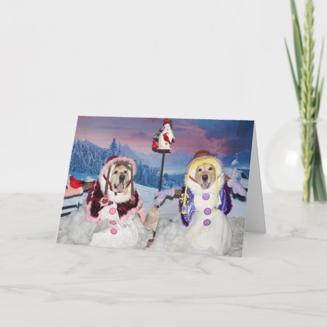 Golden Retriever Snökvinnor som Matar fåglar Helgkort (Framsida)