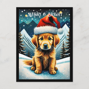 Golden Retriever Snowy Mountain Santa Puppy Vykort