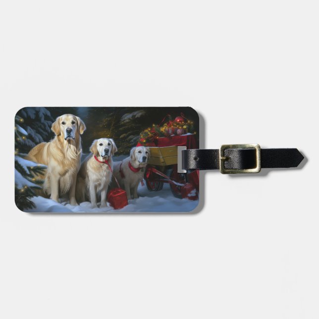 Golden Retriever Snowy Sleigh-juldekretet Bagagebricka (Horisontell Framsida)