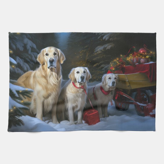 Golden Retriever Snowy Sleigh-juldekretet Kökshandduk (Horisontell)