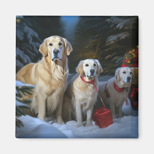 Golden Retriever Snowy Sleigh-juldekretet Magnet (Framsidan)