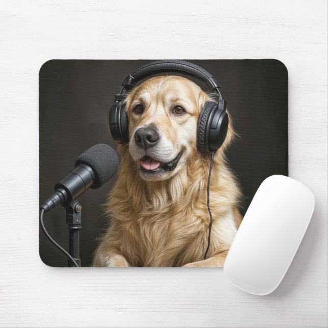 Golden Retriever som är värd för en podd Musmatta (Med mus)