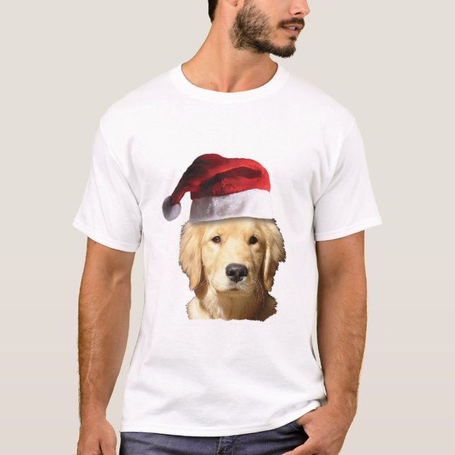 Golden Retriever som bär en Tomtehatt T Shirt (Framsida)